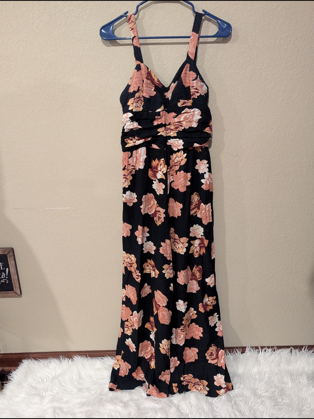 Band of Gypsies Black Maxi Jumper Pants with Peach Floral Print Cotton Viscose